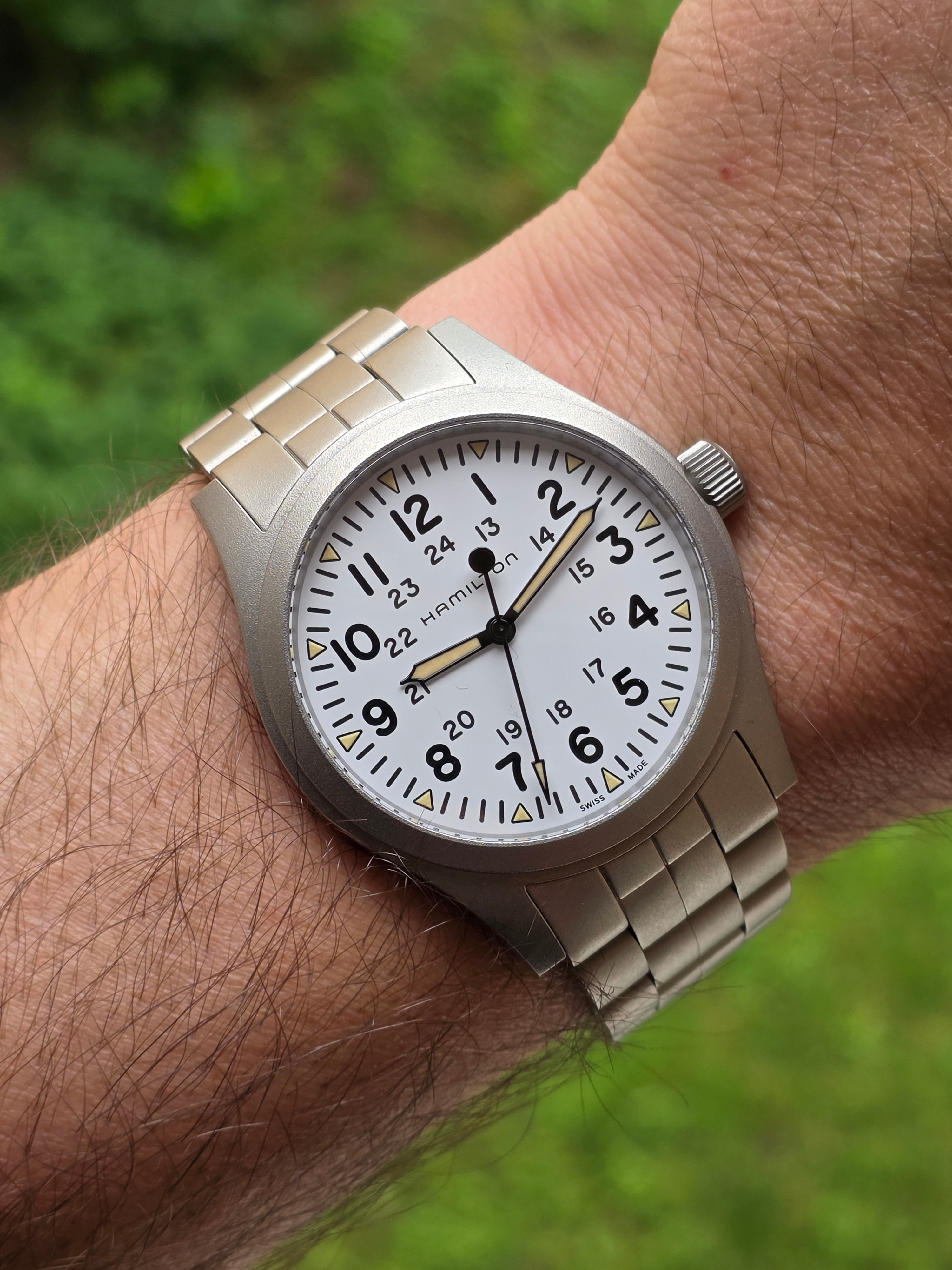 Ceas Hamilton Khaki Field Mechanical White Dial (H69439111 / H695290) - Pachet Complet, Garanție