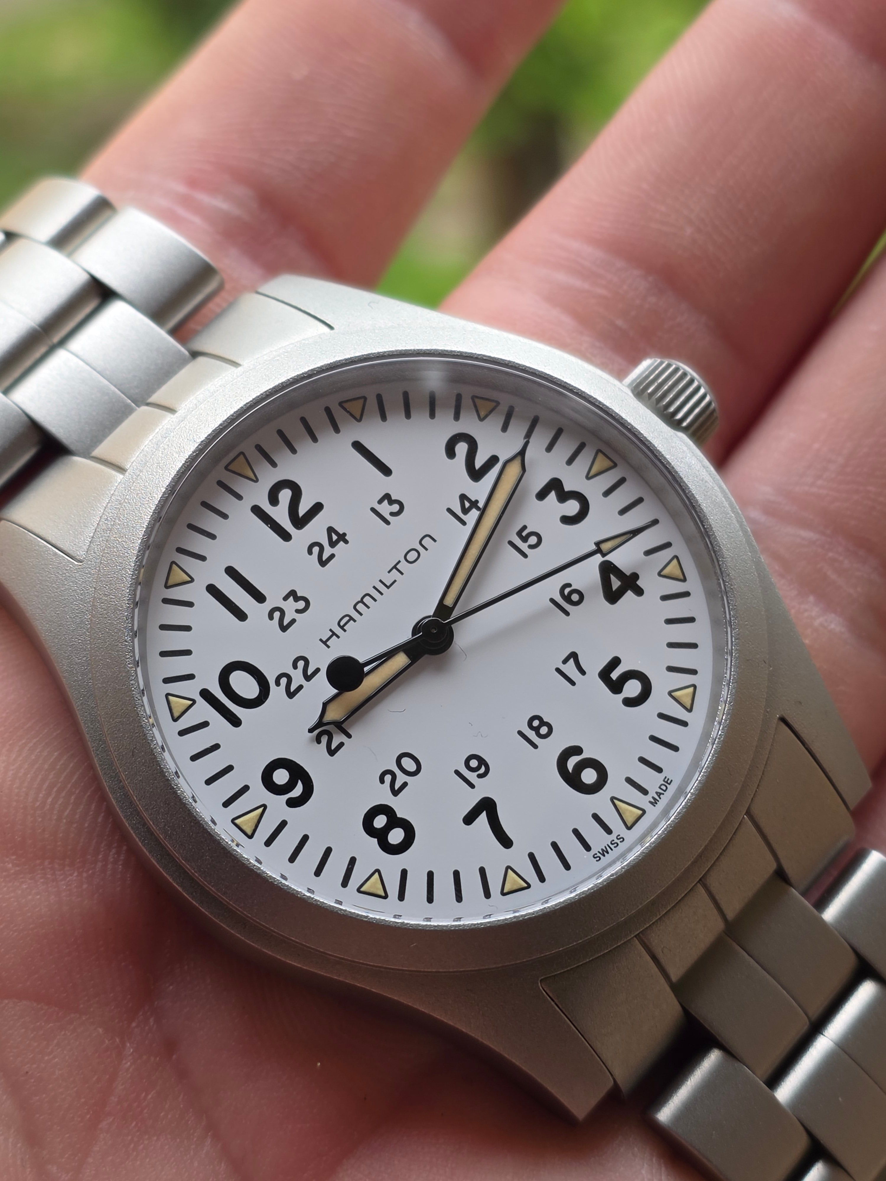 Ceas Hamilton Khaki Field Mechanical White Dial (H69439111 / H695290) - Pachet Complet, Garanție